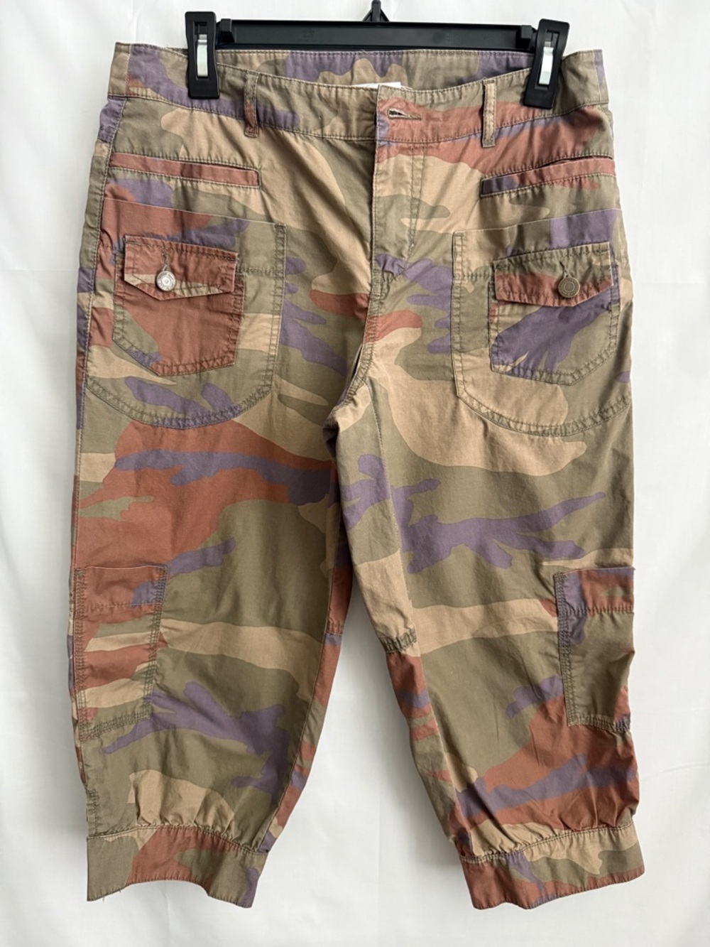 Y2K 100% London Jean Green Brown Camo Chino Mid Rise Cropped Cargo Pants size 8